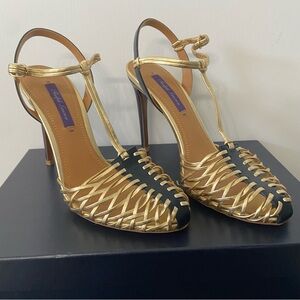 RALPH LAUREN Purple Label Gold T Strap Cage Heels Size 38 US 7.5